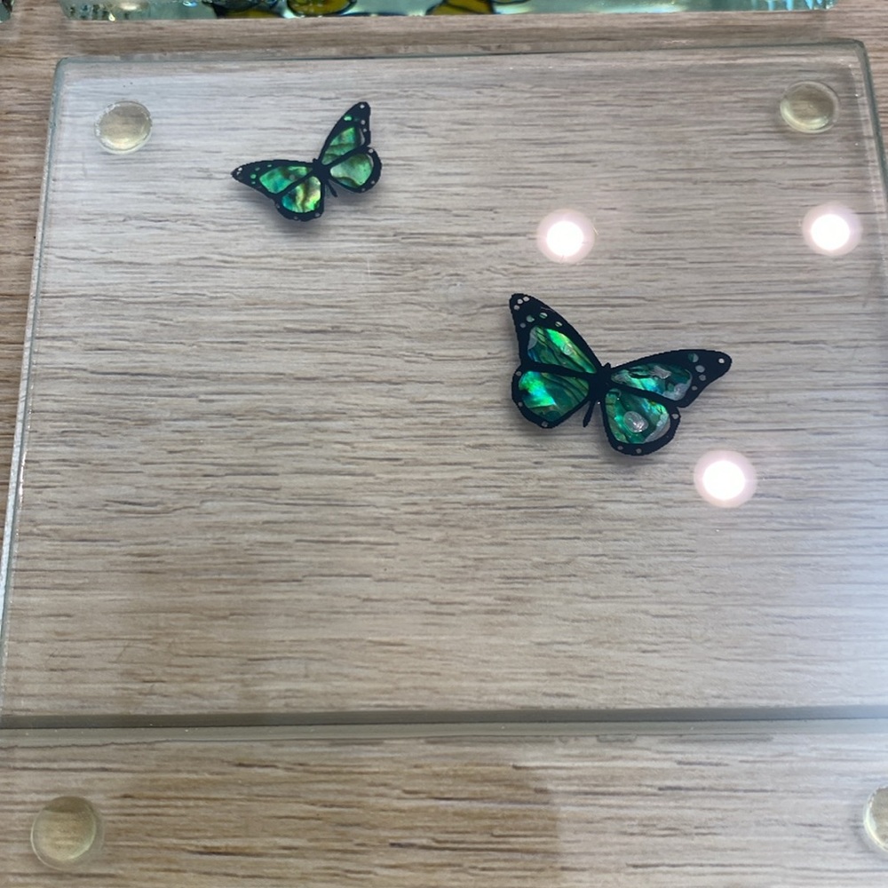 Smashing Glass NZ Abalone Butterfly Glass Coasters Modern Boho Chic With Box - Picture 6 of 10